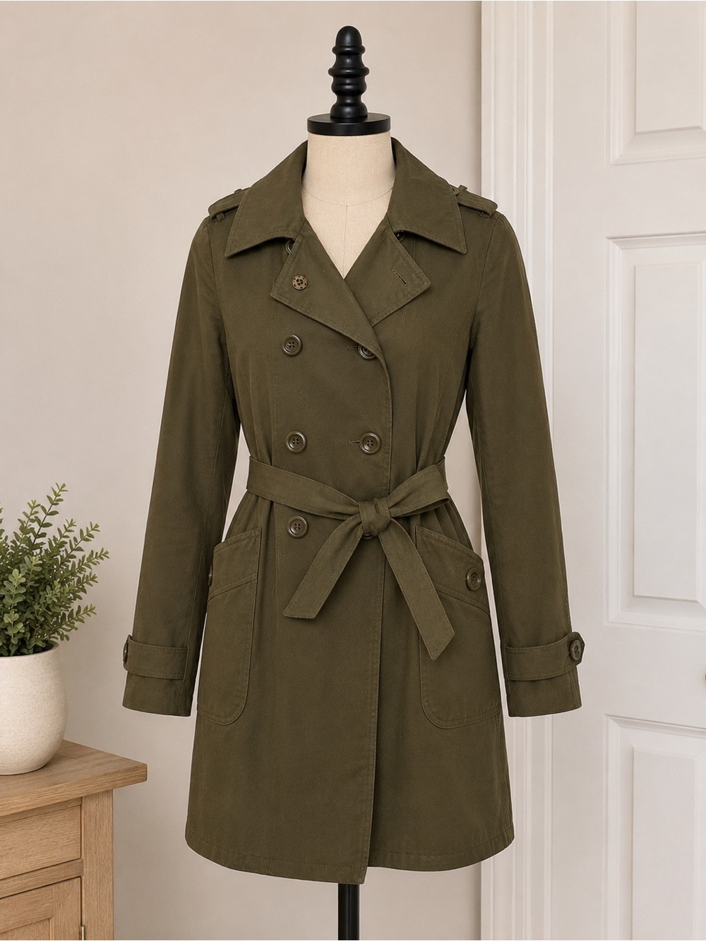 Olive Green Double-Breasted Belted Trench Coat